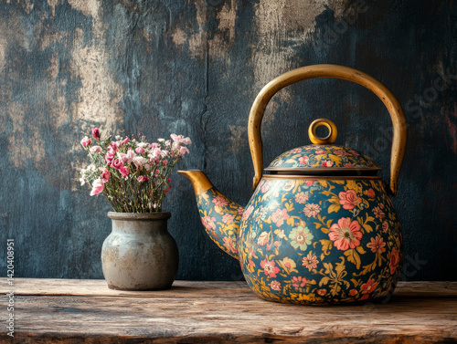 A vintage teapot with intricate floral pattern
