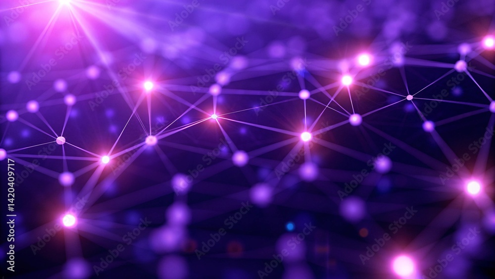 Purple technology background with glowing connected dots, digital data stream flowing in cyberspace, futuristic abstract mesh design for innovation, ai, and virtual network solutions