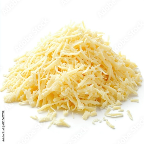 A pile of shredded cheese on a white background in a studio setting