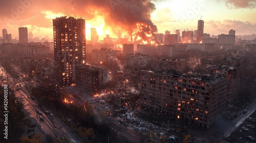 City ruins ablaze, sky bright, buildings crumbling down