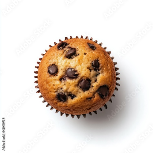 Overhead view of a single chocolate chip muffin in a brown paper liner on a white background surface