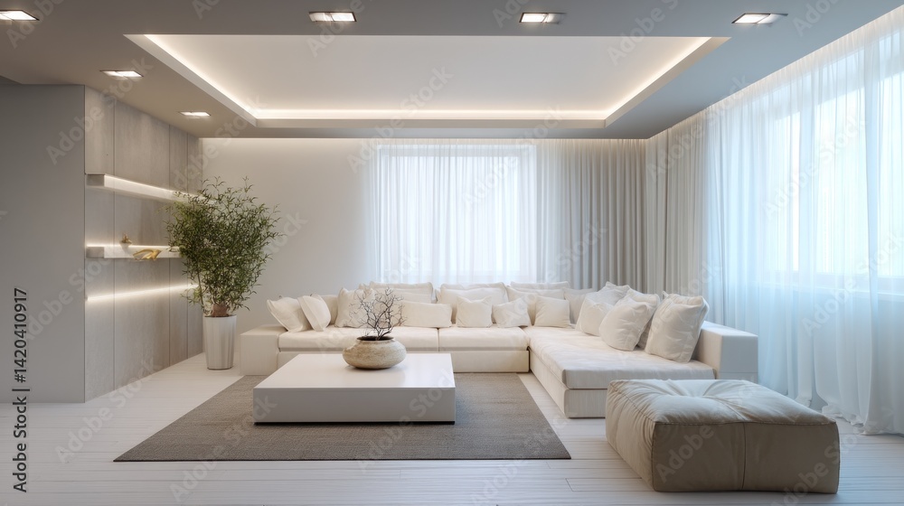 Fototapeta premium Modern minimalist gallery-style living room with built-in ceiling lights 