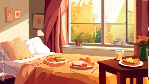 Partner serving breakfast in bed as a sweet surprise.eps