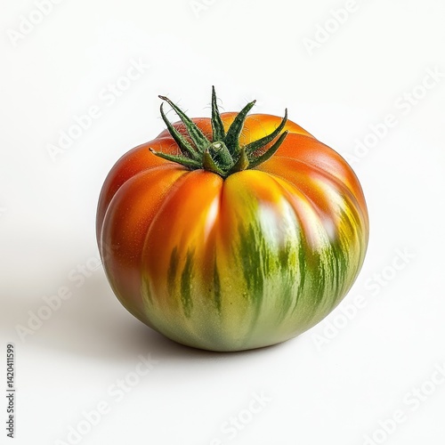 Close up of a colorful heirloom tomato on a white background surface