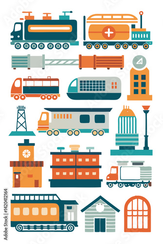 Cartoon Cityscape with Trains and Buildings Illustration