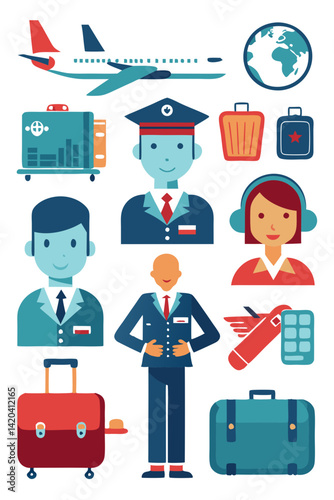 Travel Industry Personnel and Luggage Icons Vector Illustration