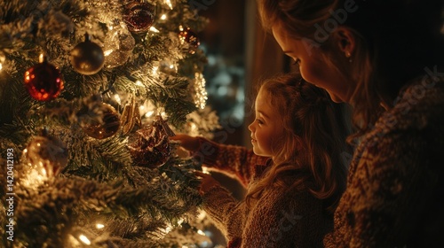 A joyful family decorates a Christmas tree together, lit by warm holiday lights.