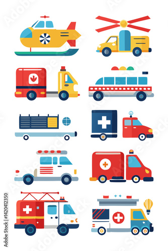Cartoon Emergency Vehicles: Helicopter, Ambulance, Firetruck Vector Illustration