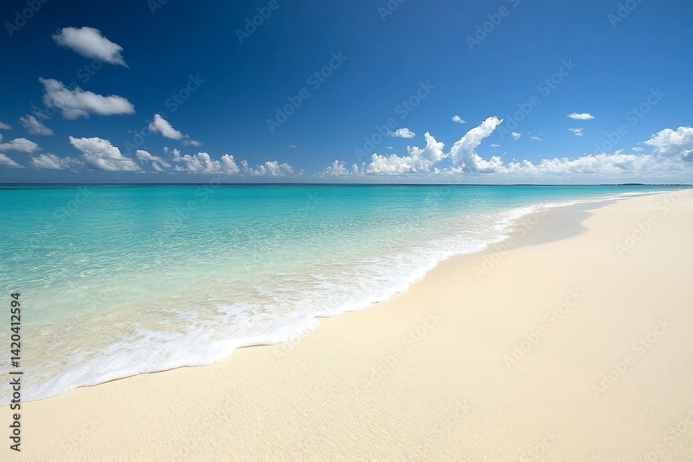 Pristine beach with turquoise water under a vibrant blue sky. Soft, white sand gently slopes into the clear, shallow water, lapped by gentle waves. A perfect, tranquil tropical paradise Pristine beach with turquoise water under a vibrant blue sky. Soft, white sand gently slopes into the clear, shallow water, lapped by gentle waves. A perfect, tranquil tropical paradise