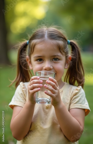 Obraz na płótnie Young girl drinks fresh water. Child holding glass of pure water in nature park. Healthy lifestyle, hydration. Happy face, smiling. Family time, childhood, refreshment. Natural beauty, green w salonie
