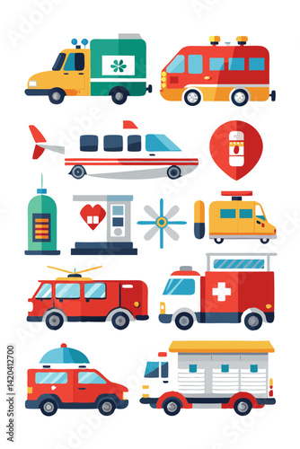 Colorful Cartoon Emergency Vehicles: Firetrucks, Ambulance, Helicopter, and More