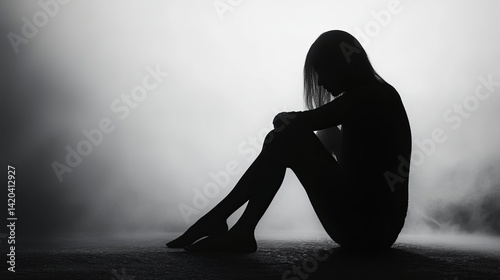 Silhouette Woman Sitting Alone Sadness Depression Solitude Despair Loneliness Emotional Pain Mental Health Dark Background Dramatic Shadow Moody      