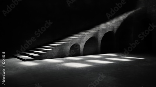 Concrete stairway in dark space, light rays