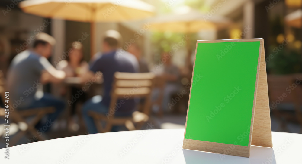 A blank green menu stand at a bustling outdoor caf?, with patrons enjoying their time in the background A blank green menu stand at a bustling outdoor caf?, with patrons enjoying their time in the background