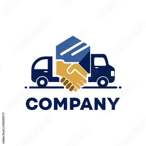 Delivery truck logo with handshake inside package shape