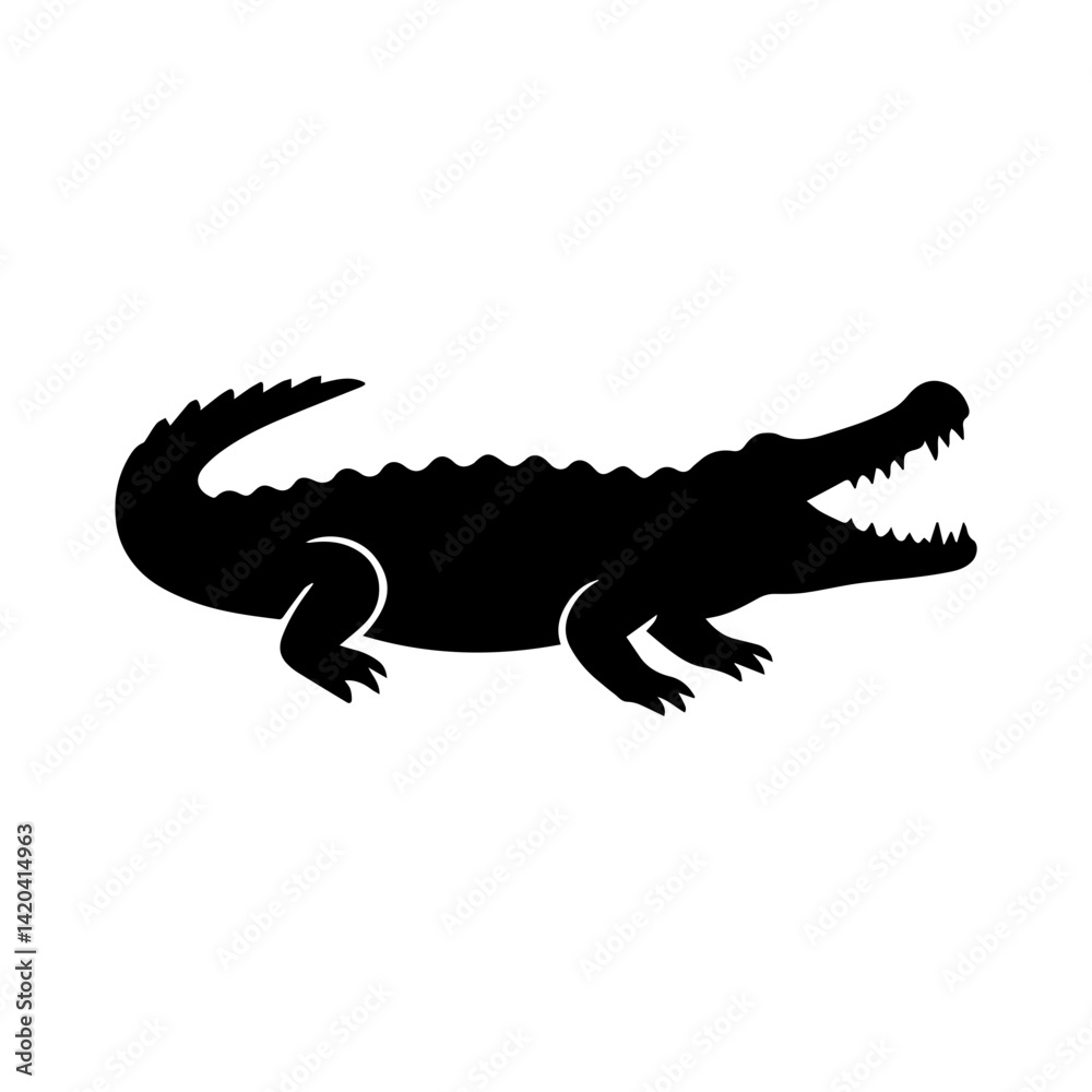 Naklejka premium Silhouette of a crocodile with its mouth open and teeth showing, tail curved and four feet visible