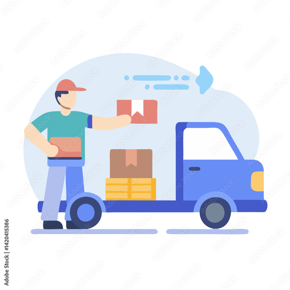 Delivery truck unloads boxes, delivering goods to customer Delivery truck unloads boxes, delivering goods to customer