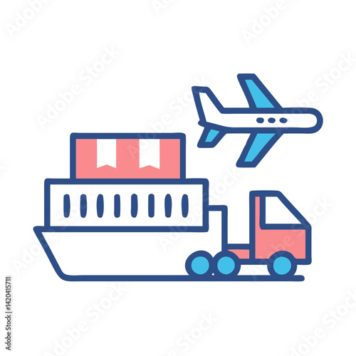 Icon style shipping logistics transportation by air, sea, road