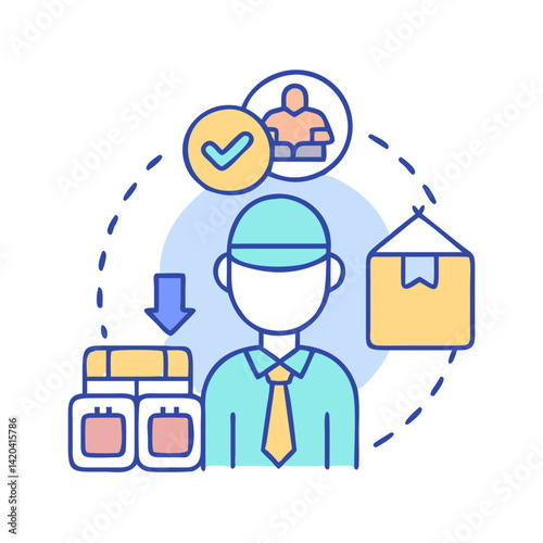 Logistics management process with employee and packages icon