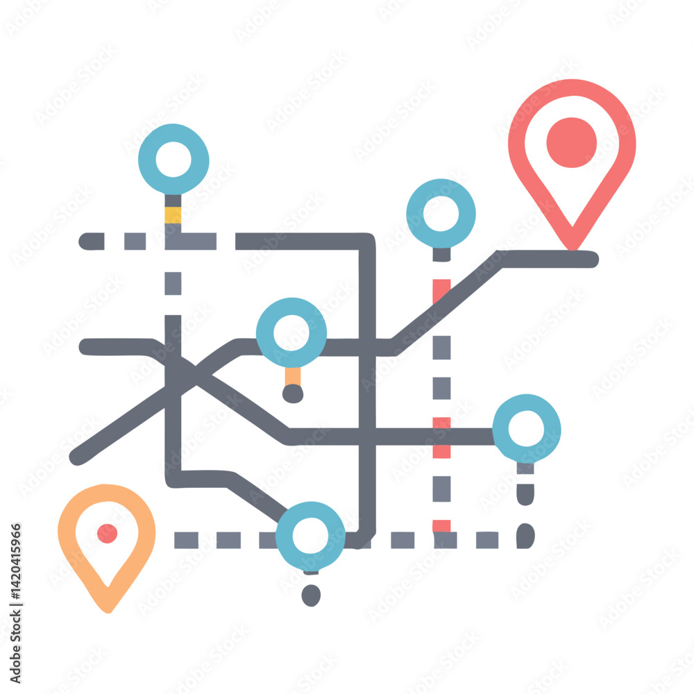 Simple location map with pins and dashed lines Simple location map with pins and dashed lines