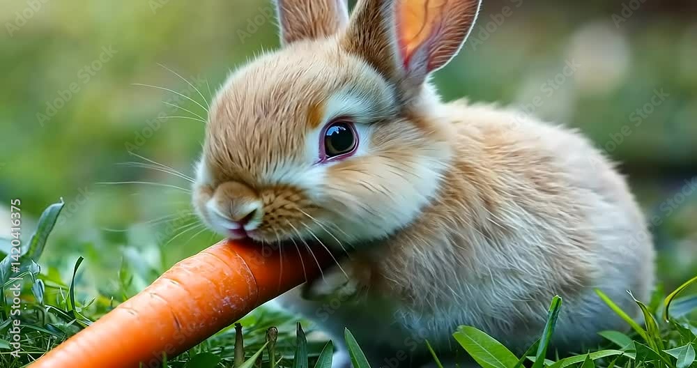 Cute rabbit munching on a carrot in a lush green garden setting