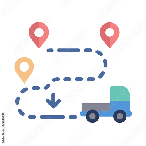Delivery truck with route and map location markers