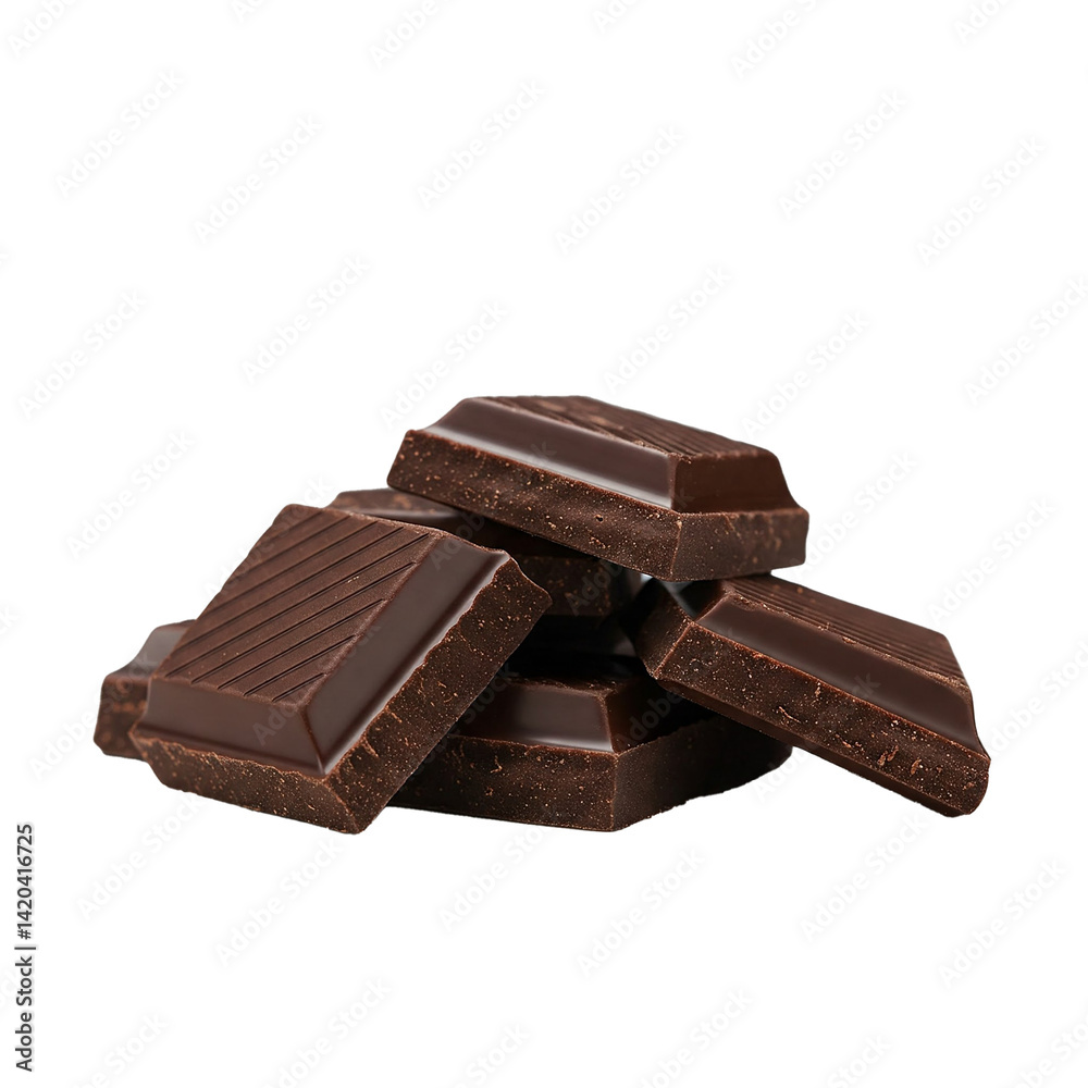 Close up presentation of stacked dark chocolate pieces isolated on black background. Rich texture Close up presentation of stacked dark chocolate pieces isolated on black background. Rich texture