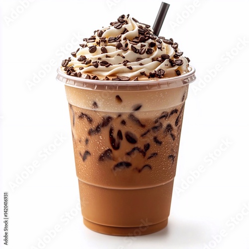 Tempting cold coffee drink in a clear plastic cup, generously topped with whipped cream and chocolate chips with a dark straw. Generative AI