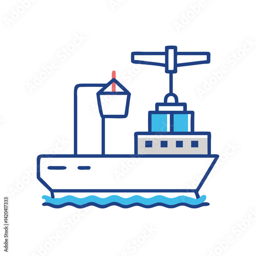 Line art cargo ship icon on black background
