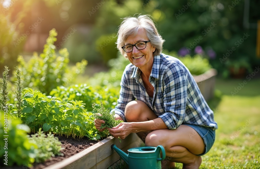 Middle-aged woman tends herb garden bed. Woman works outdoors. Gardener inspects aromatic plants, collects herbs near watering can. Gardening hobby in the summer, healthy lifestyle with organic food.