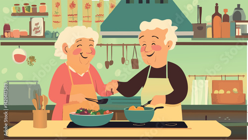 Senior couple making a meal in a cozy kitchen for a romantic evening.eps