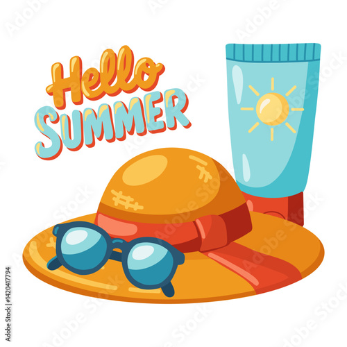 Cartoon summer Hat, Sunglasses, Sunscreen and Hello Summer lettering. Vector isolated illustration on white background