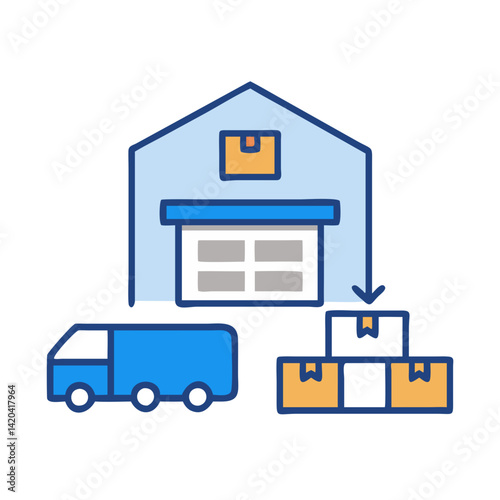 Warehouse delivery, transportation, logistics concept icon on black background