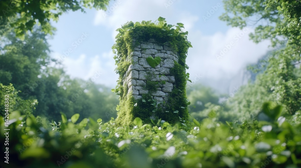 Fototapeta premium Stone pillar overgrown with moss in a lush forest setting