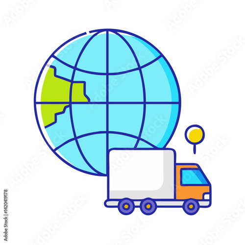 Global delivery services: truck carrying goods worldwide icon
