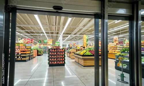 Entrance to brightly lit supermarket with fresh produce and groceries