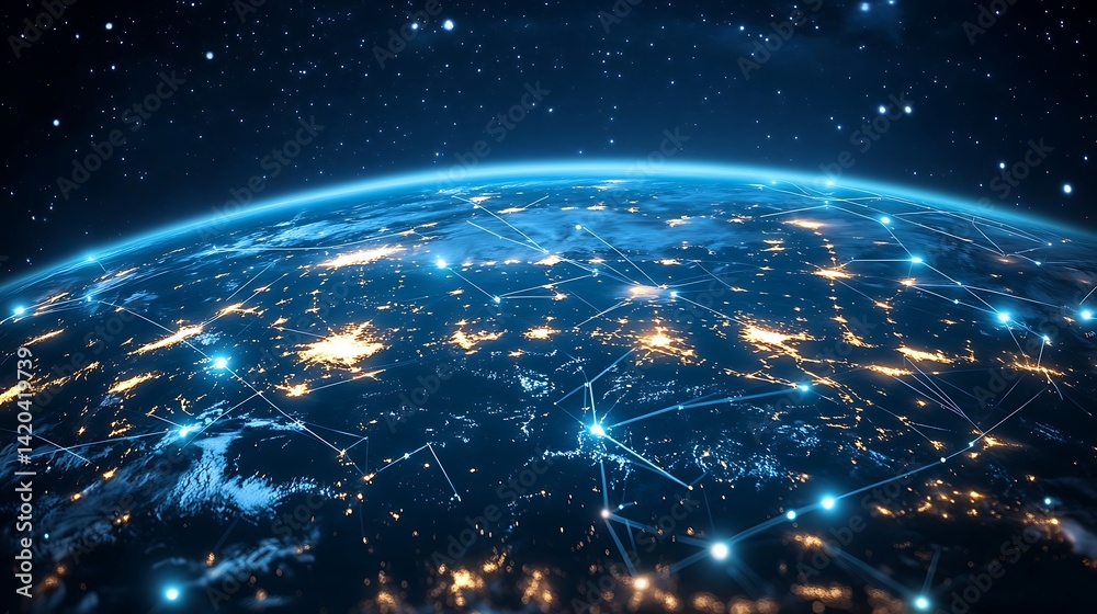 Obraz premium Global network connections depicted through blue glowing lines and dots