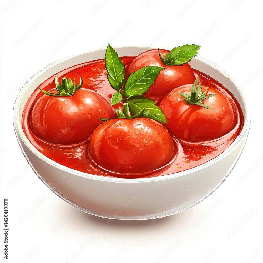 Bowl of tomato soup with whole tomatoes and basil leaves as garnish on a white background illustration Bowl of tomato soup with whole tomatoes and basil leaves as garnish on a white background illustration