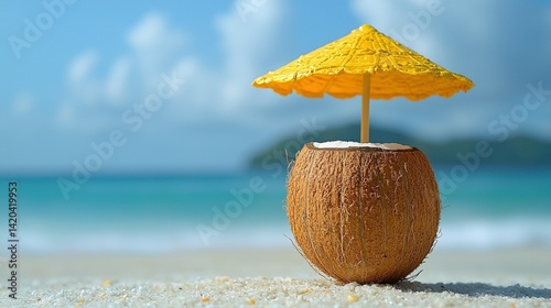 Coconut drink with yellow umbrella on beach photo