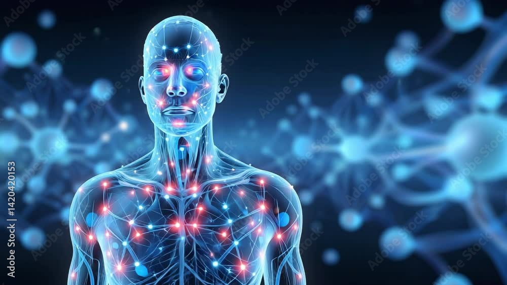 Futuristic digital rendering of human body with glowing neural and molecular connections on dark background, concept of biotechnology, artificial intelligence and medical innovation Futuristic digital rendering of human body with glowing neural and molecular connections on dark background, concept of biotechnology, artificial intelligence and medical innovation