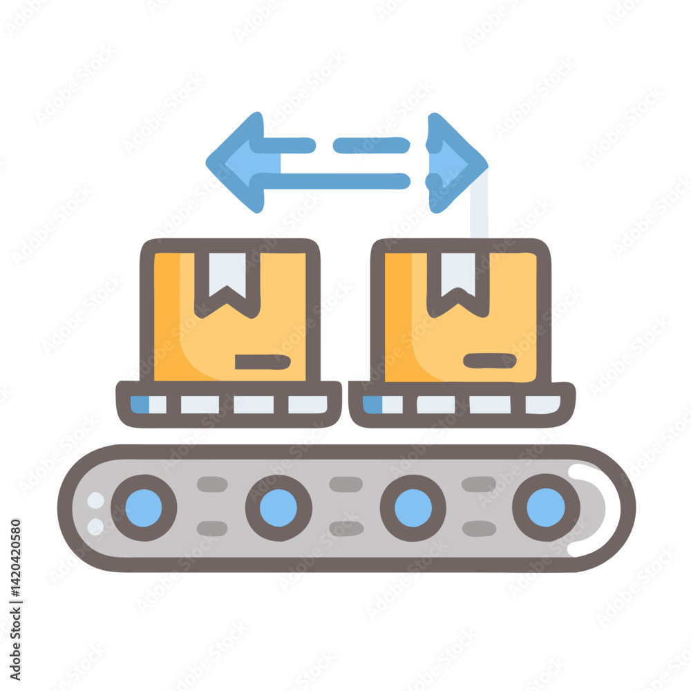 Conveyor belt with boxes and two-way arrow icon Conveyor belt with boxes and two-way arrow icon