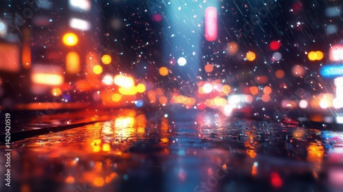 A vibrant city street scene during rain, with colorful bokeh lights reflecting on wet pavement. The atmosphere is moody and dynamic, showcasing the beauty of urban life in inclement weather.