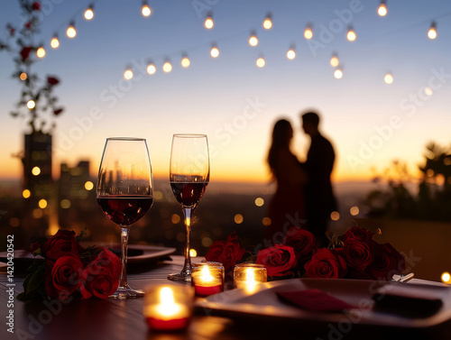 An intimate dinner setup for two on a rooftop