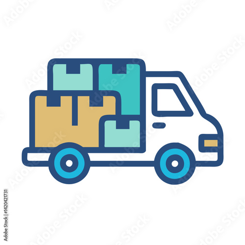 Cartoon Delivery Truck with Boxes Isolated on Black