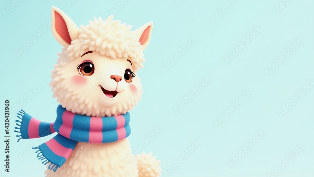 Fototapeta premium A cheerful cartoon llama stands out with its fluffy white fur and a stylish blue and pink striped scarf.