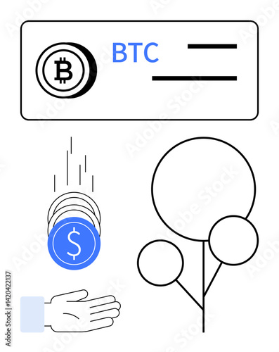 Bitcoin symbol, hand receiving coins, and abstract tree symbolizing blockchain growth. Ideal for finance, investment, blockchain, cryptocurrency, innovation, fintech simple landing page