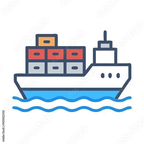 Container ship icon on ocean, international cargo transport