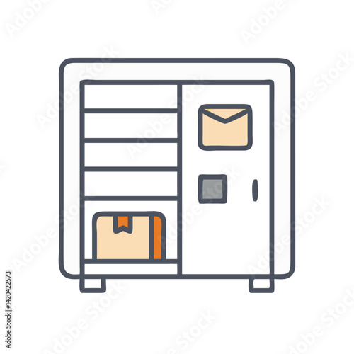 Postal locker icon with shelves, mail and package