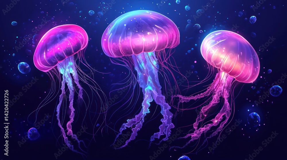 Glowing jellyfish underwater, ocean background, aquatic life, vibrant colors, digital art Glowing jellyfish underwater, ocean background, aquatic life, vibrant colors, digital art