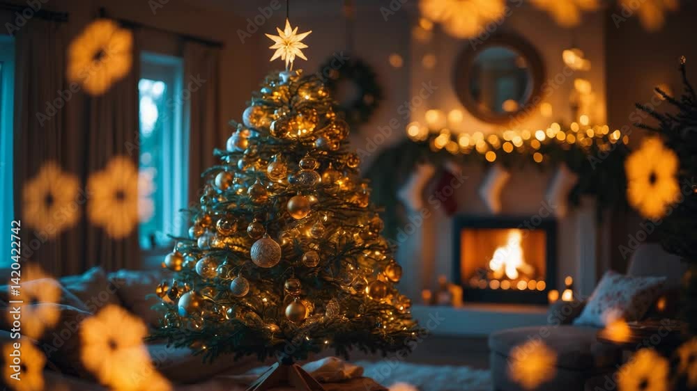 Festive background featuring a blurred stylish tree with golden lights and a cozy fireplace in an evening living room